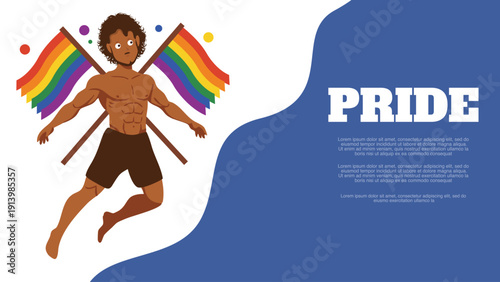 happy jumping man holding two rainbow flags for pride month celebration party