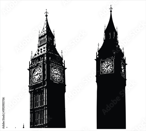 Black and white illustration of big ben clock towers in london