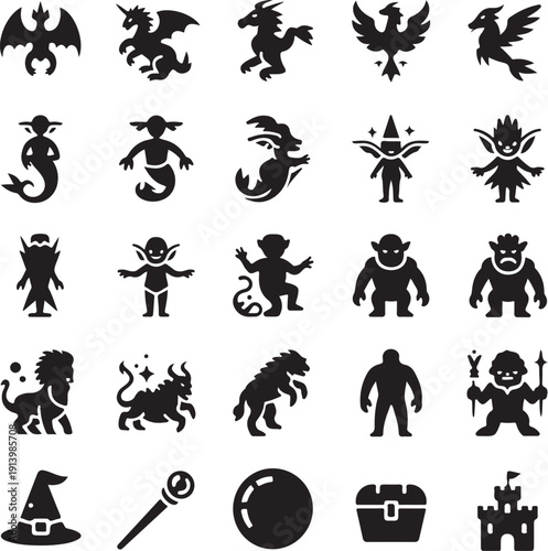 black silhouettes of fantasy creatures and magic symbols on white background
