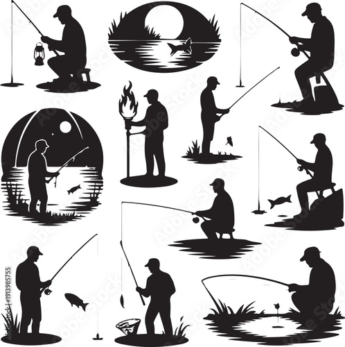 black silhouettes of fishermen fishing in various poses on white background