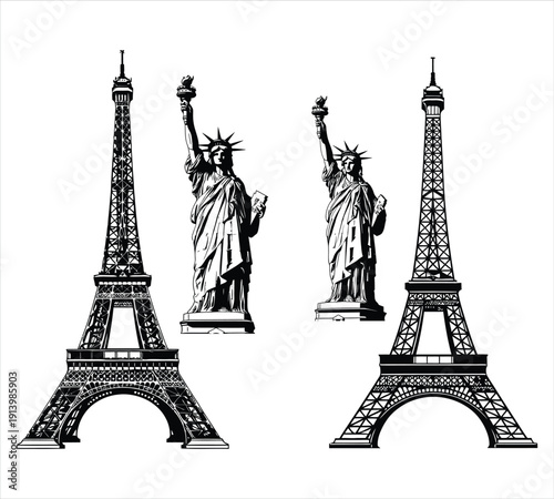 Eiffel tower and statue of liberty silhouettes