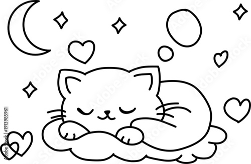 Cute little cat sleeping peacefully on a cloud among stars and a crescent moon. Sweet kitten dream line art illustration perfect for bedtime stories and coloring books.