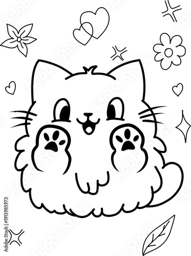 Happy chubby cat character with paws up. Hand-drawn vector illustration featuring hearts and floral elements. Perfect for children's coloring books and greeting card designs.