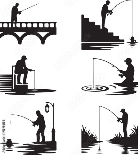 black silhouettes of men fishing in various locations and positions