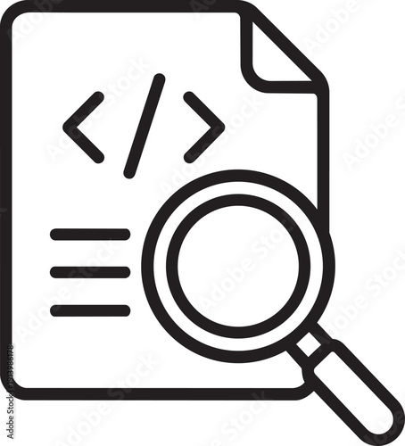 Document file with code lines and magnifying glass representing code review and script searching