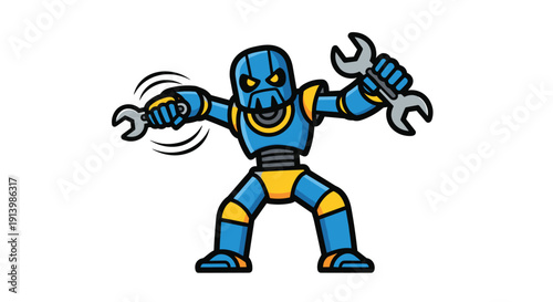 Cartoon Robot Character with Wrenches.