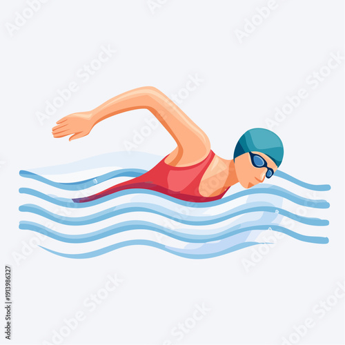 Illustration of a female swimmer in a red swimsuit and blue swimming cap during a swim