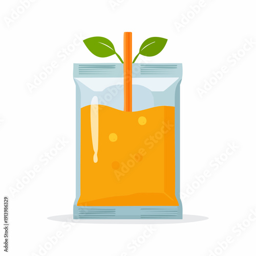 Refreshing Orange Juice Pouch with Leaves and Straw, Perfect for On-the-Go Hydration