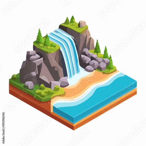 Idyllic waterfall cascading into a sandy beach by the ocean in isometric view