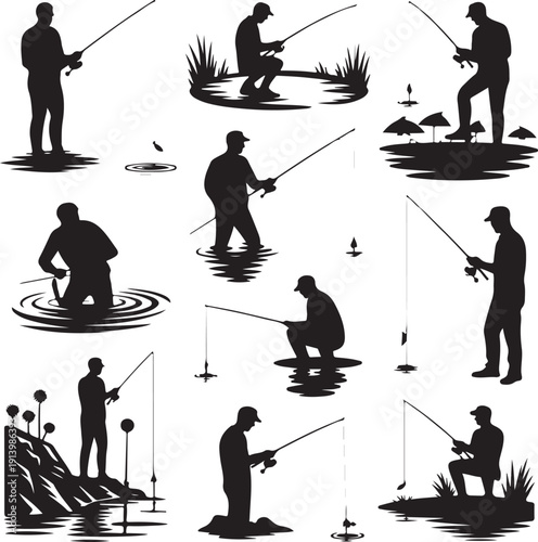 Black silhouettes of men fishing in various poses on white background