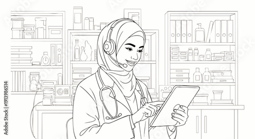 Muslim female doctor in hijab with headset and tablet providing telemedicine consultation, offering virtual healthcare and digital medical support.