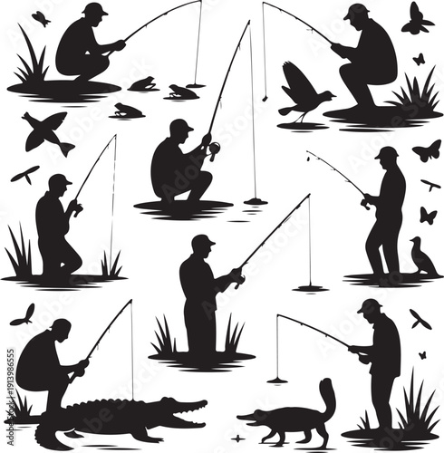 black silhouettes of men fishing in various poses with animals