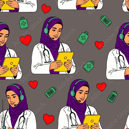 Seamless pattern of a Muslim female doctor in a hijab and headset, providing online medical consultations with a tablet. Telemedicine, remote care.