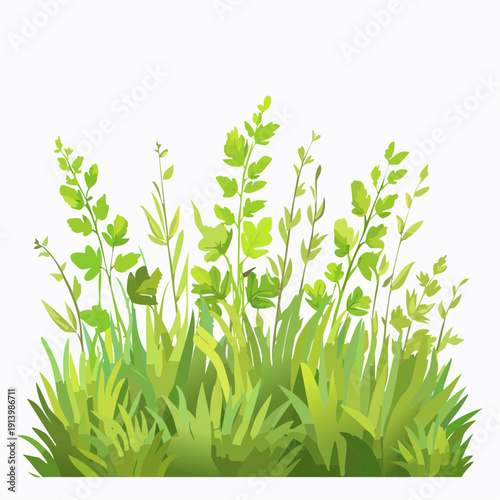Watercolor style illustration of vibrant green grass and wild plants, symbolizing natural freshness and new growth