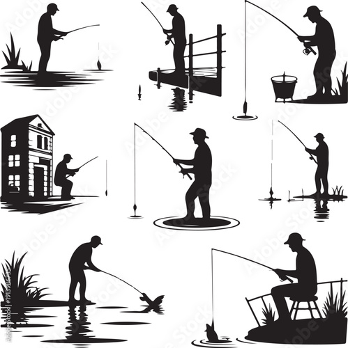 black silhouettes of men fishing in various poses on white background