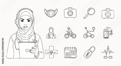 Muslim woman doctor in hijab with headset and tablet, surrounded by medical and health icons, representing telemedicine and digital healthcare services.
