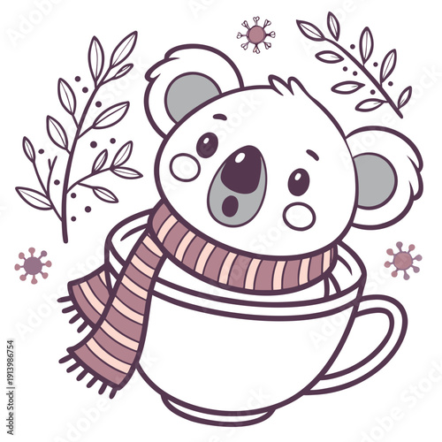 Cute Surprised Koala, accessorized with in a teacup, in a Winter world – Winter Wonderland palette vector