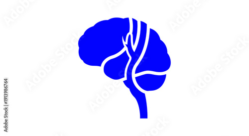 A blue silhouette of a human brain with internal vascular structures on a white background.