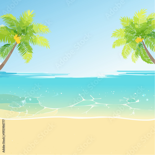 Tropical beach with golden sand, clear turquoise ocean, and palm trees under a blue sky, ideal for summer relaxation