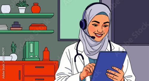Smiling Muslim female doctor in hijab with headset and stethoscope providing online medical consultation via tablet, remote healthcare support.