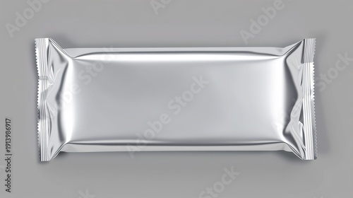 Mockup of empty silver foil candy bar packaging on clean grey background, high resolution product design for chocolate snack wrapper template.