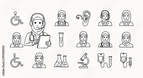 Diverse Healthcare and Medical Science Line Icons Set Featuring Muslim Women, Disability Support, and Laboratory Equipment for Modern Health Concepts