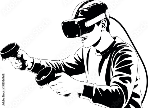 Immersive virtual reality concept illustration in black and white