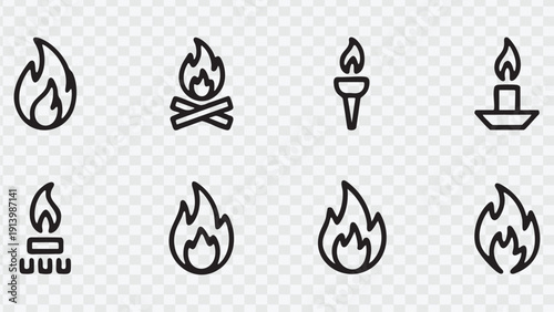 Collection of fire flame and torch icons for design element and campfire symbol
