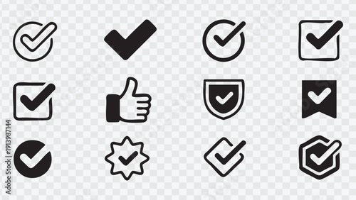Collection of black check mark and approval icons, diverse vector symbols