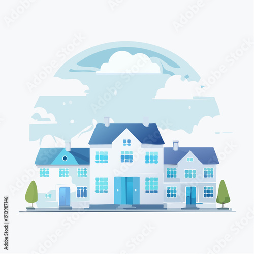 Modern white building with blue accents and cloudy sky illustration