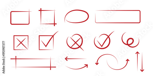 Red Hand Drawn UI Elements Vector Collection with Check Marks, Cross Icons, Arrows and Rounded Frames