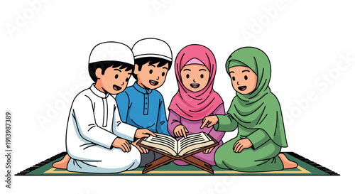 Cartoon illustration of four children in traditional Islamic clothing reading a book together on a colorful rug with a plain white background.