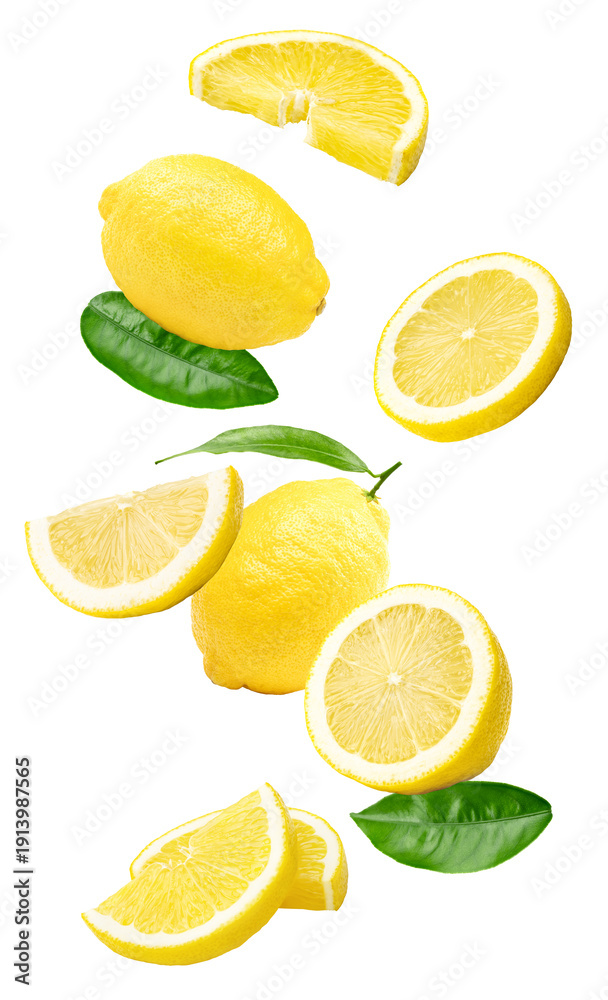 Fototapeta premium lemons with slices and green leaves isolated on white background. clipping path
