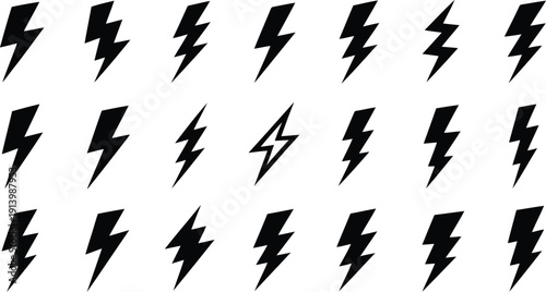 A collection of black lightning bolt icons arranged in rows on a clean white background