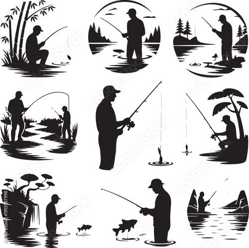 black silhouettes of people fishing in various scenarios on white background