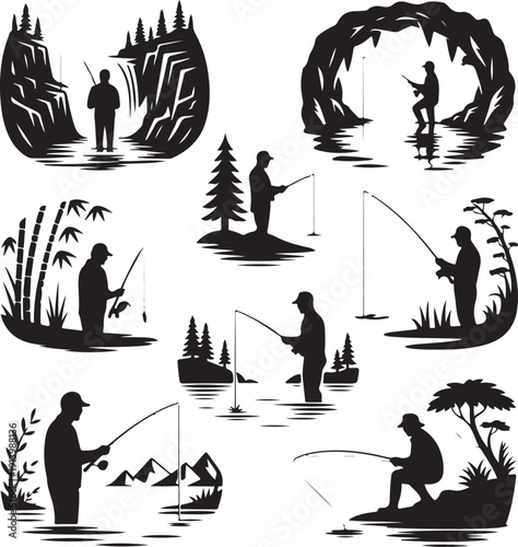 black silhouettes of people fishing in various natural environments  serene scenes