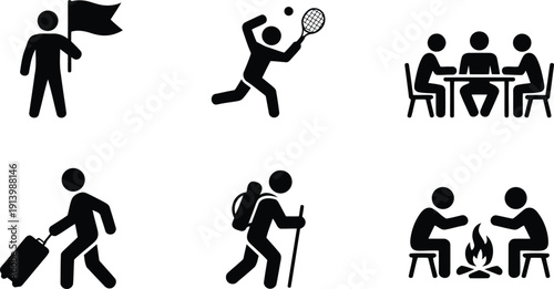 A collection of black silhouette icons depicting various human activities including sports, travel, and social interaction
