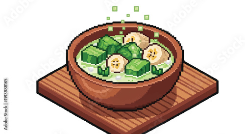 Bowl of Green Vegetable Soup with Dumplings.