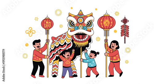 Illustration of a lion dance performance with four people holding decorative poles and lanterns in a colorful scene with a white background.