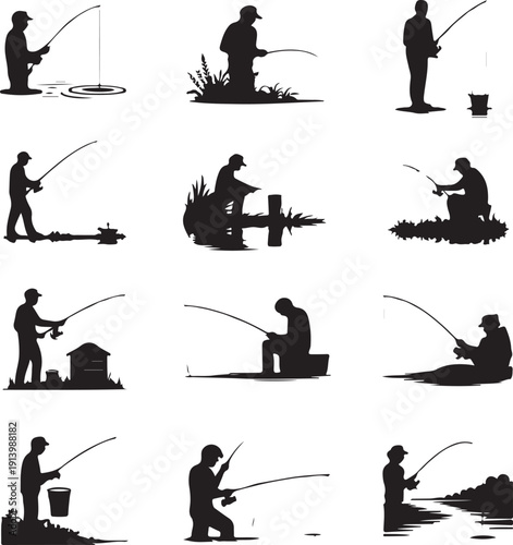 black silhouettes of people fishing in various poses and locations