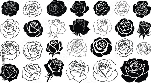 Black and White Rose Silhouette Collection with Blooming Flowers and Buds Isolated on White Background Vector Illustration