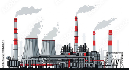 Industrial Power Plant with Smoking Chimneys and Cooling Towers.