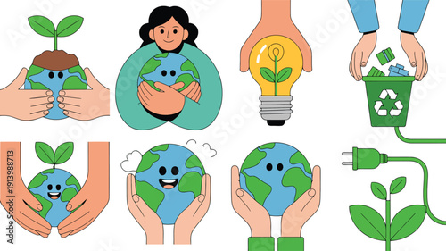 A collection of environmental icons depicts sustainability concepts like planting, recycling, and Earth protection