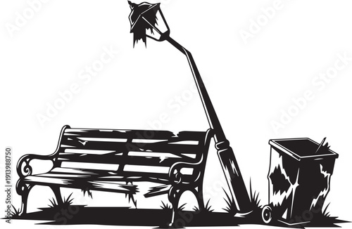 Abandoned Park Bench Under a Broken Street Lamp in a Neglected Urban Area - Black and White Illustration