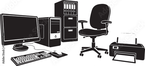 Office Workspace Equipment: Computer, Keyboard, Mouse, Printer, Chair, and Filing Cabinet - Black Vector Icons