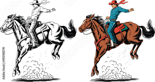 Cowboy Riding Bucking Horse Rodeo Action Vector Illustration in Black and Color Western Wild West Isolated on White