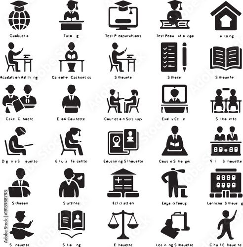 black silhouettes of people in various educational settings and activities