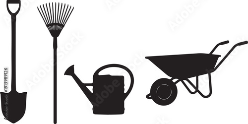 Gardening tools: shovel, rake, watering can, and wheelbarrow. Essential equipment for yard work and planting.