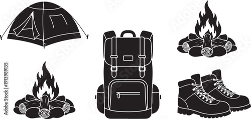 Camping adventure icons: tent, backpack, campfire, and hiking boots. Outdoor recreation and wilderness exploration gear.