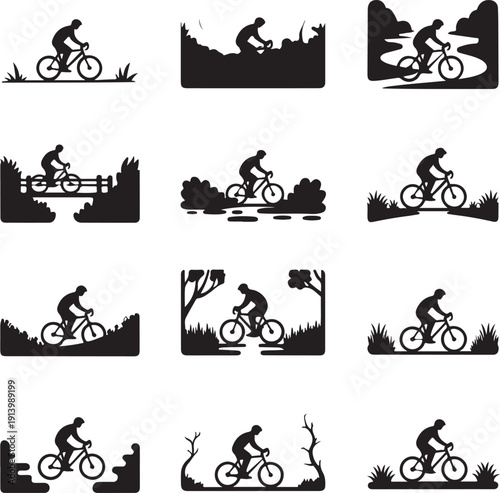 black silhouettes of people riding bicycles in various outdoor environments